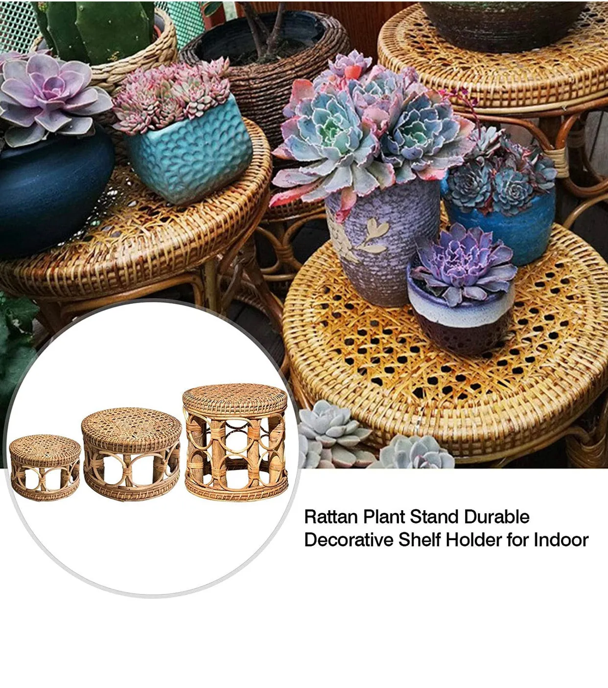 Indoor Rattan Plant Stands, Modern Boho Wicker Side Table for Gardening, Interior Decoration, Living Room, Entrance and Any Other Places, Natural