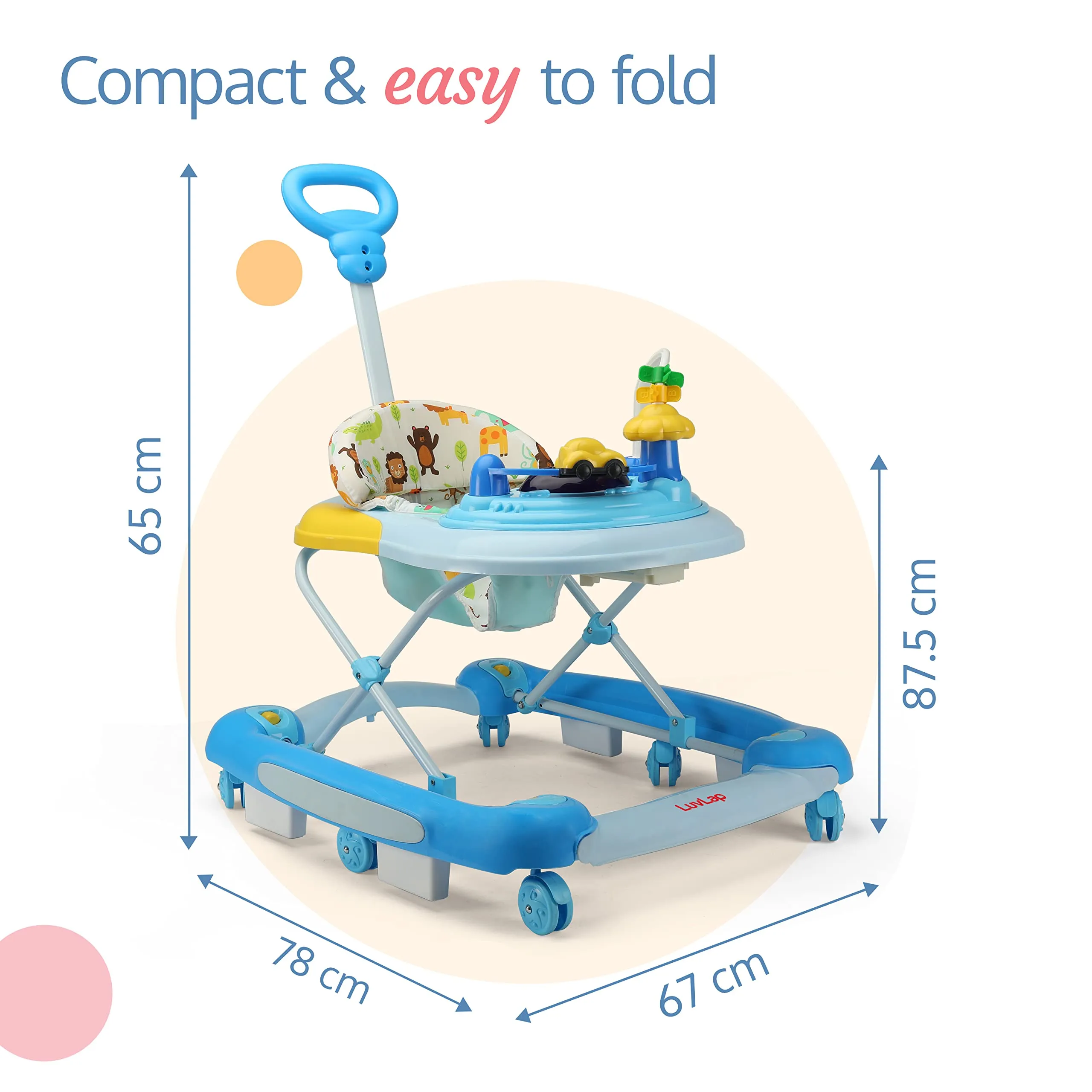 LuvLap Comfy 2-in-1 Baby Walker & Rocker with Parental Push Handle, Anti Fall, Anti Skid Mechanism, Height Adjustable with Light, Rattle & Musical Toys, Cushioned Walker for Baby 6-18months (Blue)