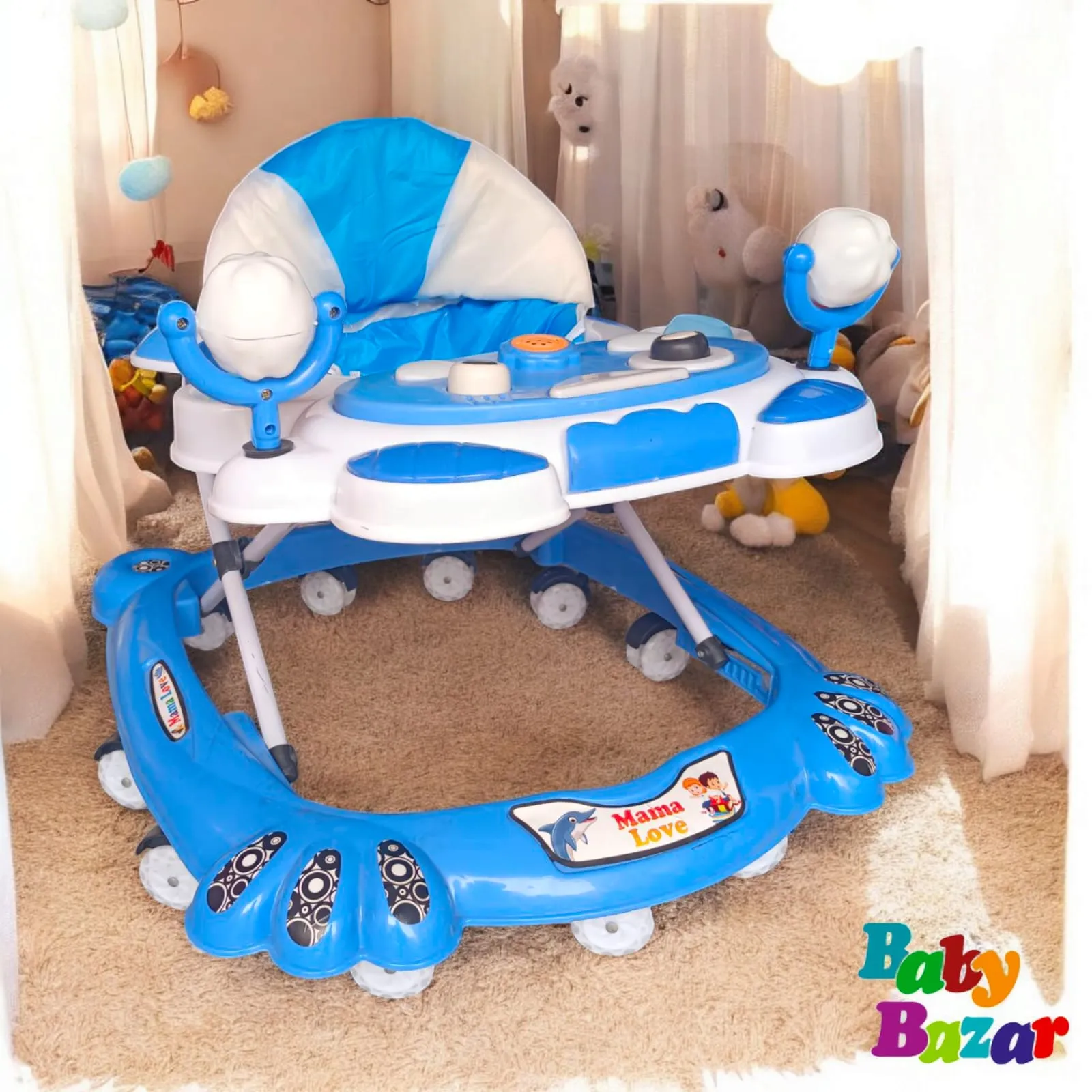 Mama Love Baby Walker Blue & White Adjustable Multi Function Activity Walker