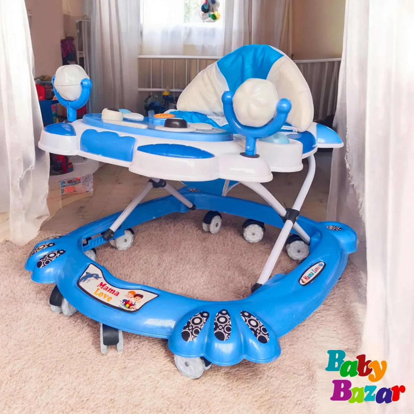 Mama Love Baby Walker Blue & White Adjustable Multi Function Activity Walker